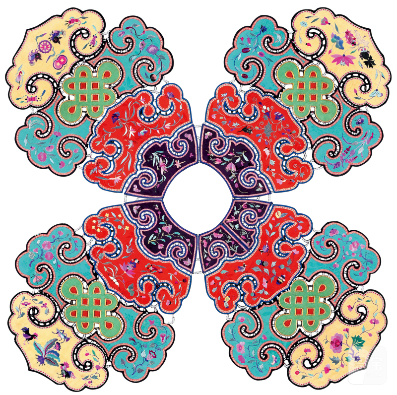 清 四合如意式人物花鸟纹云肩